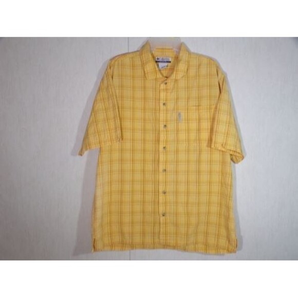 Columbia Shirt Short Sleeve Button Up Mens Size Large Yellow Plaid 100% Cotton - Picture 1 of 4